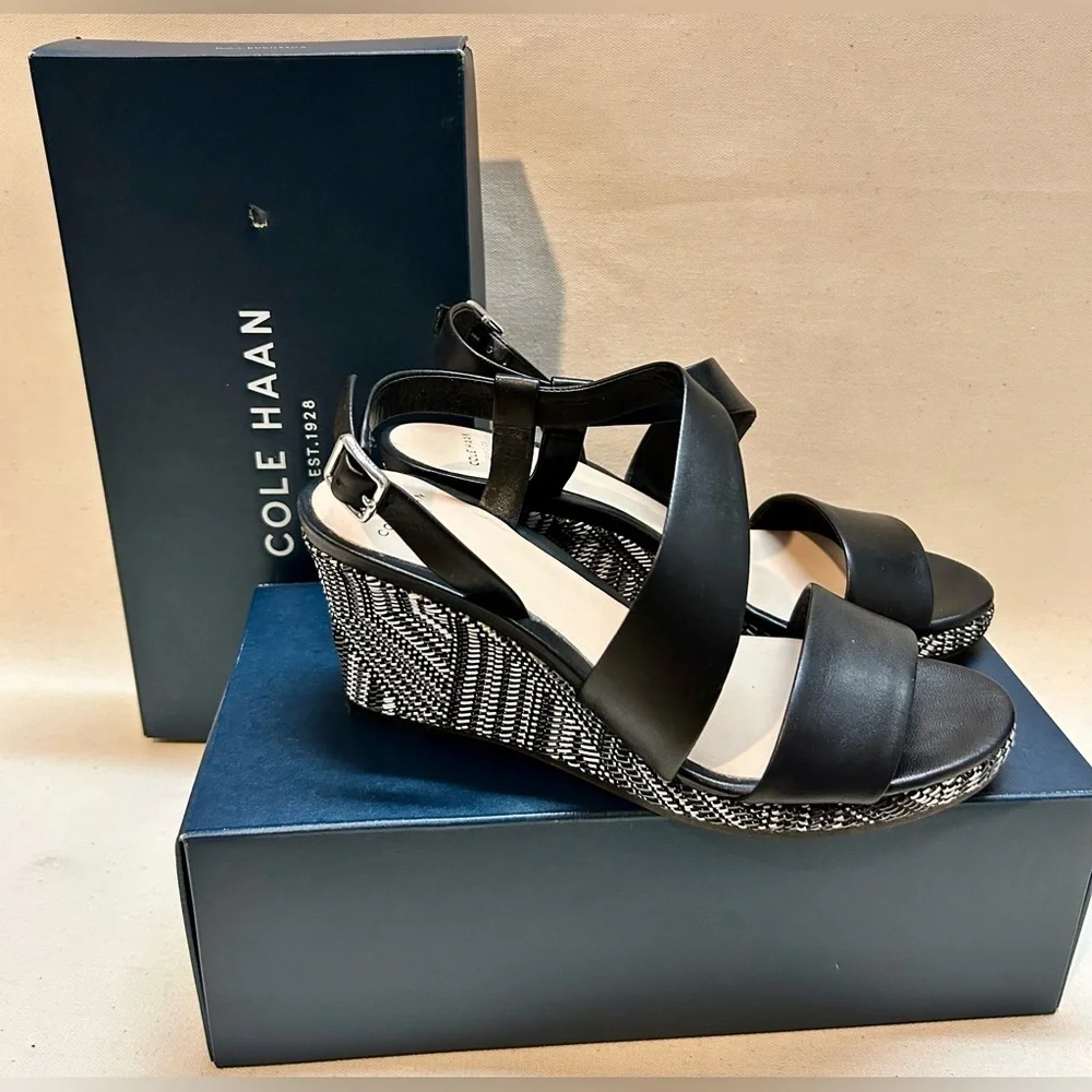 Cole Haan Ravenna Wedge Black and White Wedge Sandals